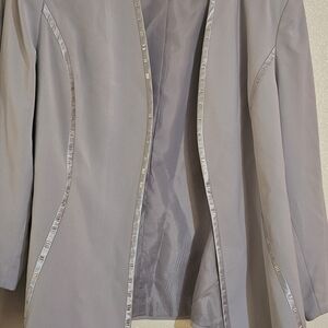 Women's Light Gray Open-Front Skirt Set Jacket with Ribbon Trim